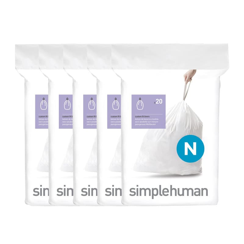 simplehuman Code N sacs poubelle sur mesure, 5 x paquet de 20 (100 sacs), plastique blanc