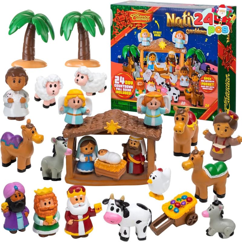 JOYIN 24 Pièces Calendrier de l'Avent de Noël 2023 Jouets Miniatures Ensemble de Figurines de la Nativité, Ensemble de Jeu de la