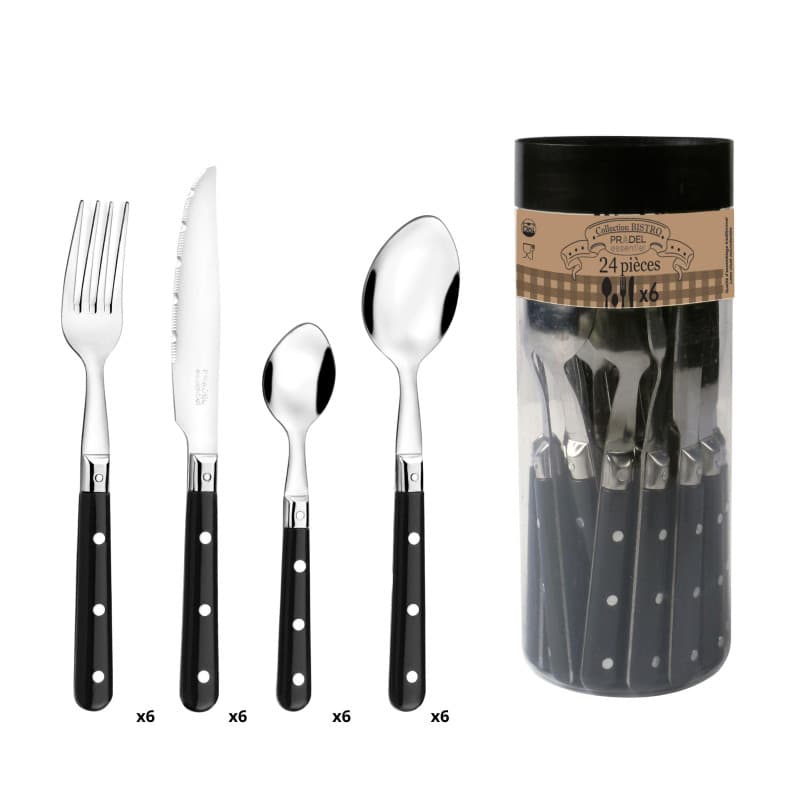 PRADEL ESSENTIEL - Ménagère 24 couverts de table pour 6 personnes - Bistro-Club - Acier inoxydable 18/0, Finition Standard - Noi