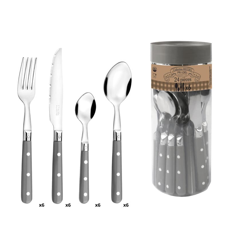 PRADEL ESSENTIEL - Ménagère 24 couverts de table pour 6 personnes - Bistro-Club - Acier inoxydable 18/0, Finition Standard - Gri