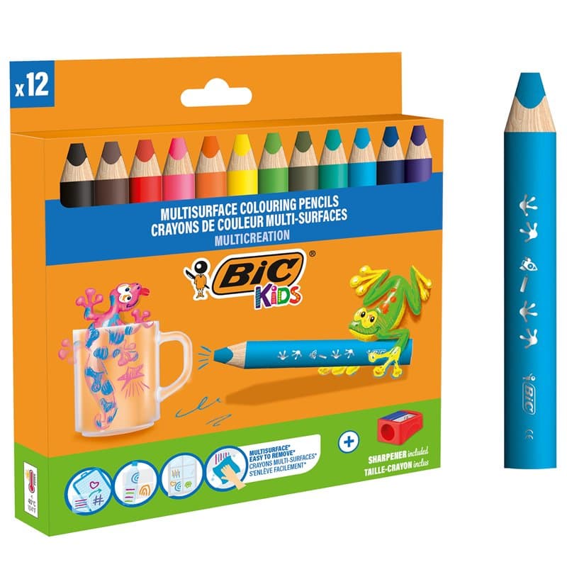 Bic Kids Crayons de Couleurs Multi-Surfaces & Usages (Ardoise, Tableau, Verre, Plastique, Bois..) - Etui carton de 12 Crayons La