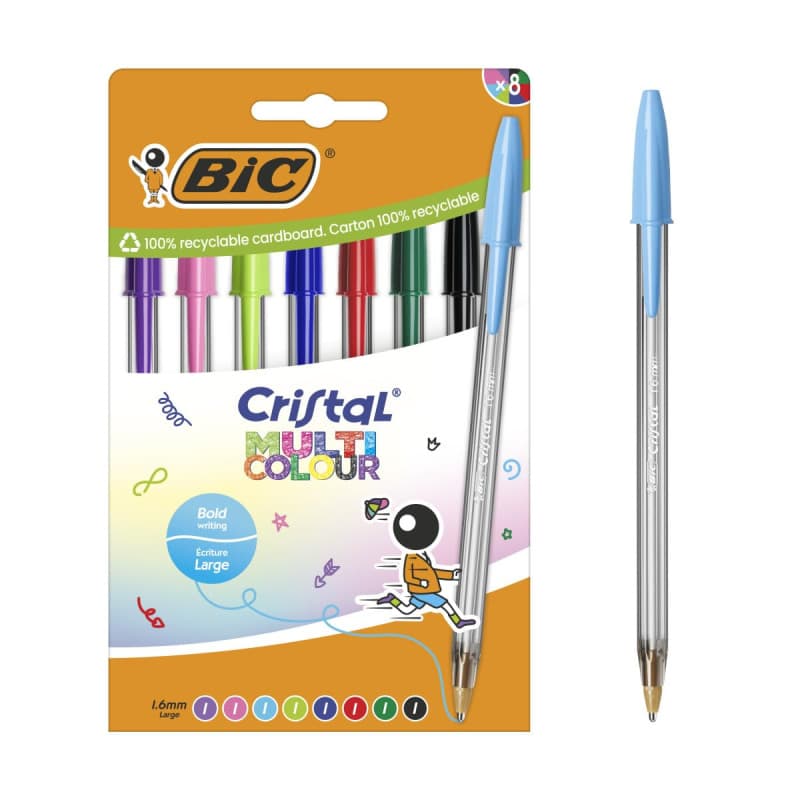 BIC Cristal Multicolour Stylos-bille Pointe Large (1,6 mm) - Encres classiques et fantaisie de couleurs assorties, pack de 8