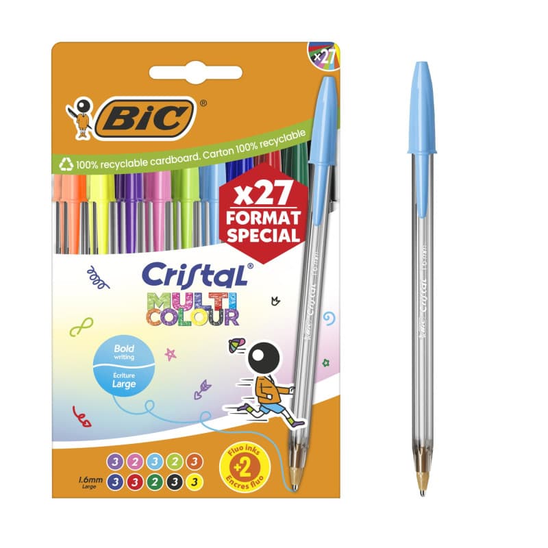BIC Cristal Multicolour Stylos-bille Pointe Large (1,6 mm) Édition Spéciale - Encres classiques, fluos et fantaisie de couleurs