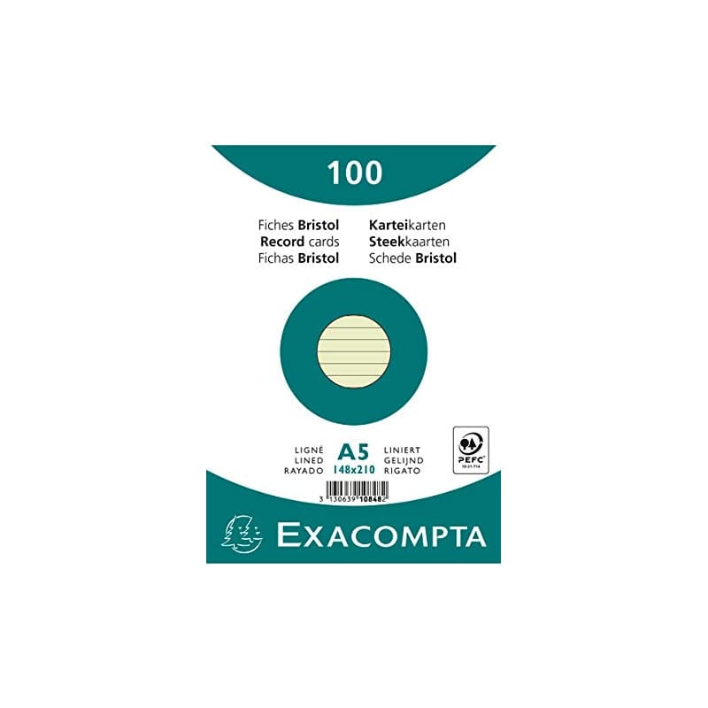 Exacompta - Réf. 10848SE - Paquet de 100 fiches bristol lignées non perforées - sous film - compatibles avec imprimante jet d'en