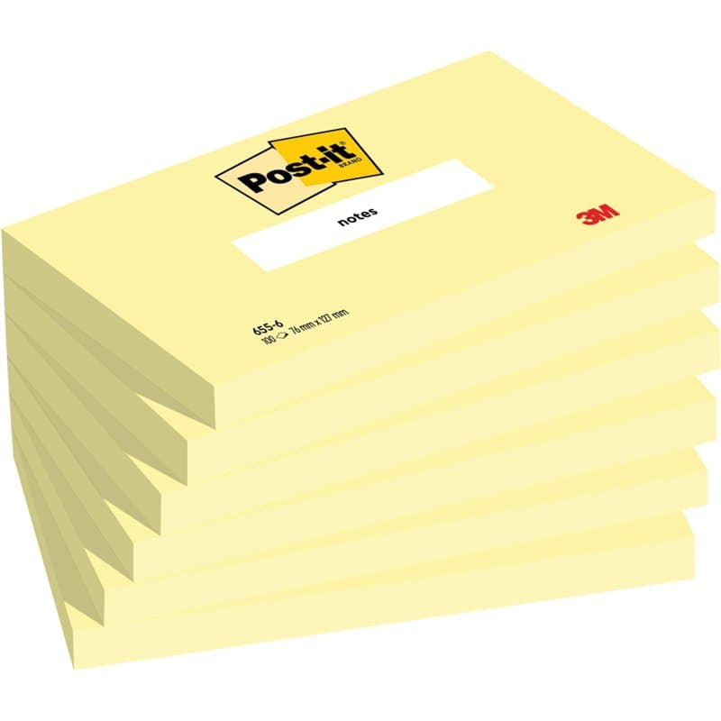 Post-it Notes Autocollantes, Jaune Canari, Pack de 6 Blocs, 100 Feuilles par Bloc, 76 mm x 127 mm - Feuillets Adhésifs pour Pris