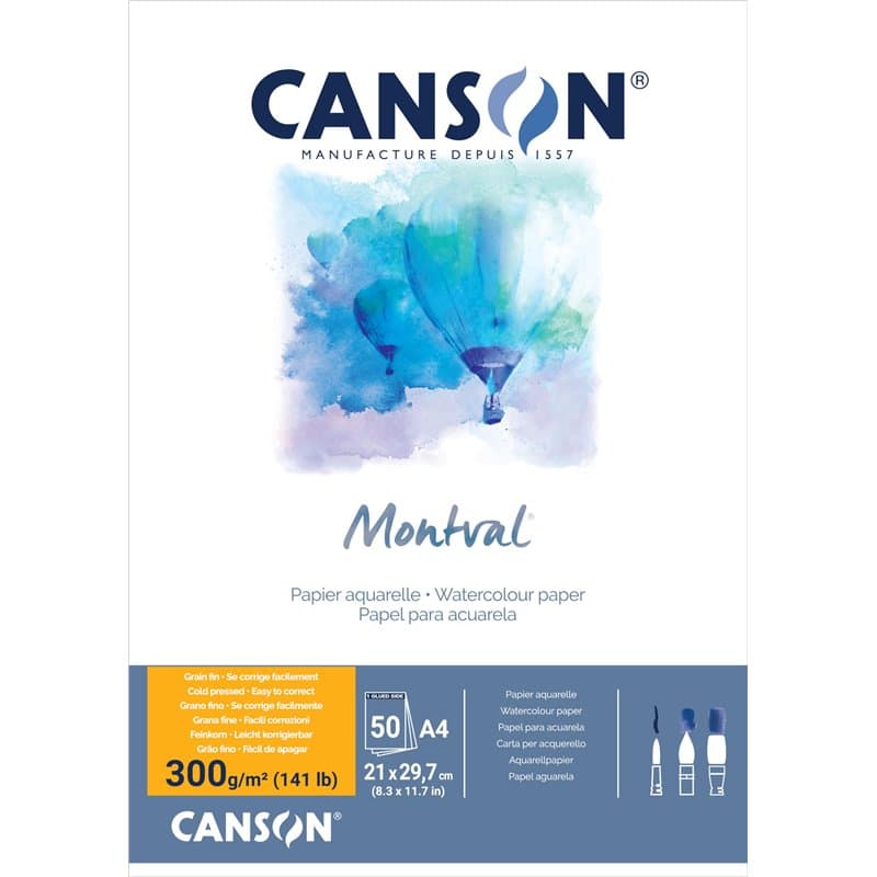 Canson Montval Lot de 50 feuilles de papier aquarelle grain fin 300 g/m² Blanc Format A4 21 x 29,7 cm