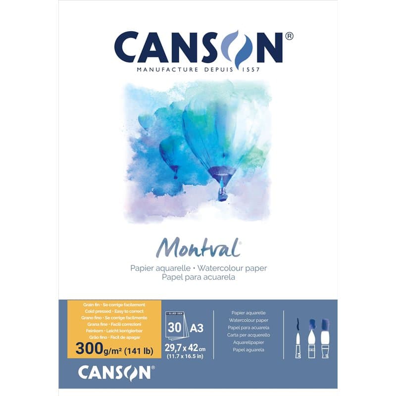 Canson Montval Lot de 30 feuilles de papier aquarelle grain fin 300 g/m² Blanc Format A3 29,7 x 42 cm