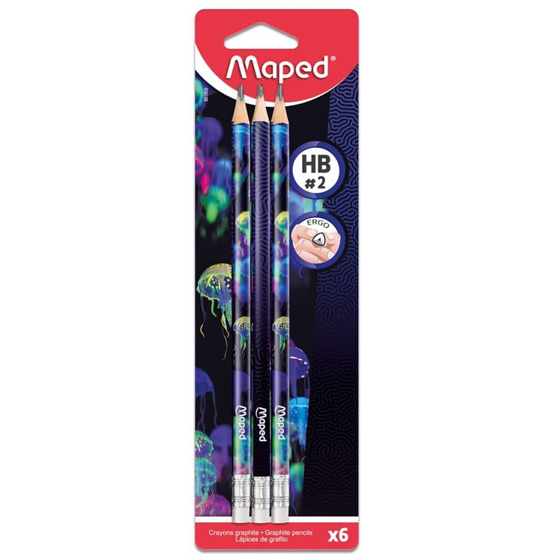 Maped - 6 Crayons Graphite HB2 Deepsea Paradise - Crayons à Papier HB Embout Gomme - Forme Triangulaire Ergonomique - Mine Résis