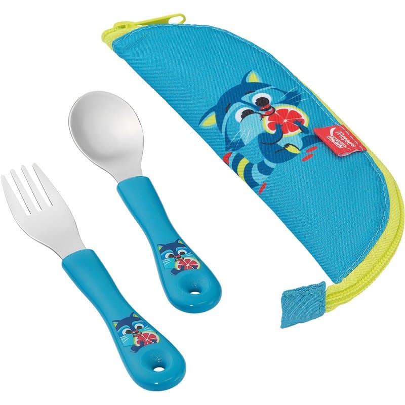 Maped - Couverts Enfant avec Étui Raton Laveur - Cuillère et Fourchette Ergonomiques - Prise en Main Facile - Passe au Lave-Vais