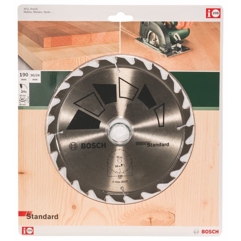 Bosch 1x Lame de Scie Circulaire Standard (pour Bois, Ø 190 x 2.2/1.5 x 30/24 mm, 24 Dents, ATB, avec 1x Bague de Réduction 24 m