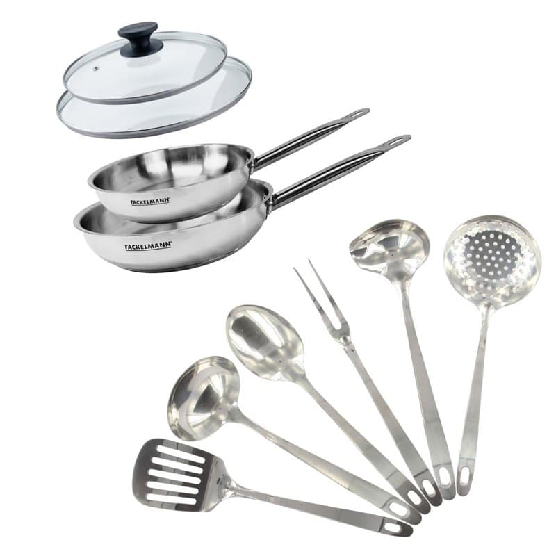 Fackelmann 9440250 Set poêles 20 et 24 cm en inox 18/8, Couvercle verre et 6 ustensiles inox, Poêle tous feux, Poêle induction,