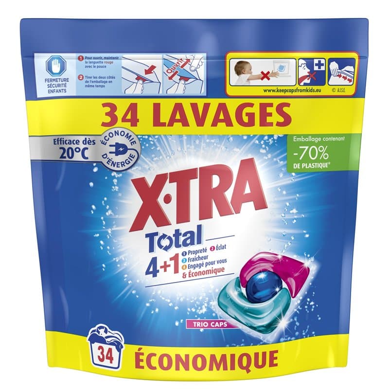 X, Tra Total - Lessive Capsules - Trio-Caps - 4 plus 1 - Propreté - Eclat - Fraîcheur - Engagé pour vous - Economique - Une seul