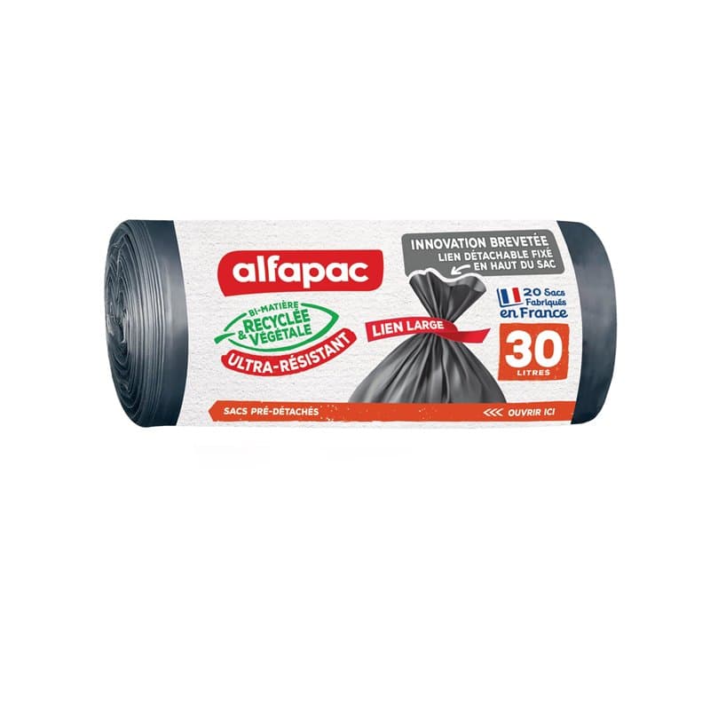 alfapac- 20 sacs-poubelle 30L à lien large ultra-resistant - fabriqués en France - bi-matière recyclée & végétale, Noir