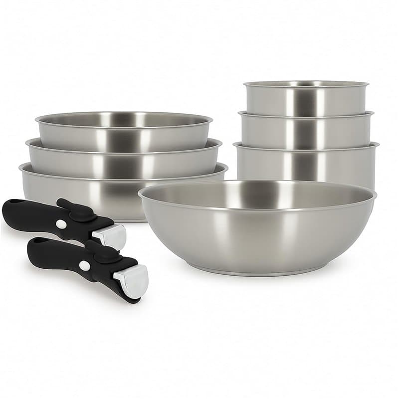 MENASTYL - Batterie de cuisine amovible en Inox Iris 9 pièces - Compatible tous feux dont induction, four et lave-vaisselle - Em