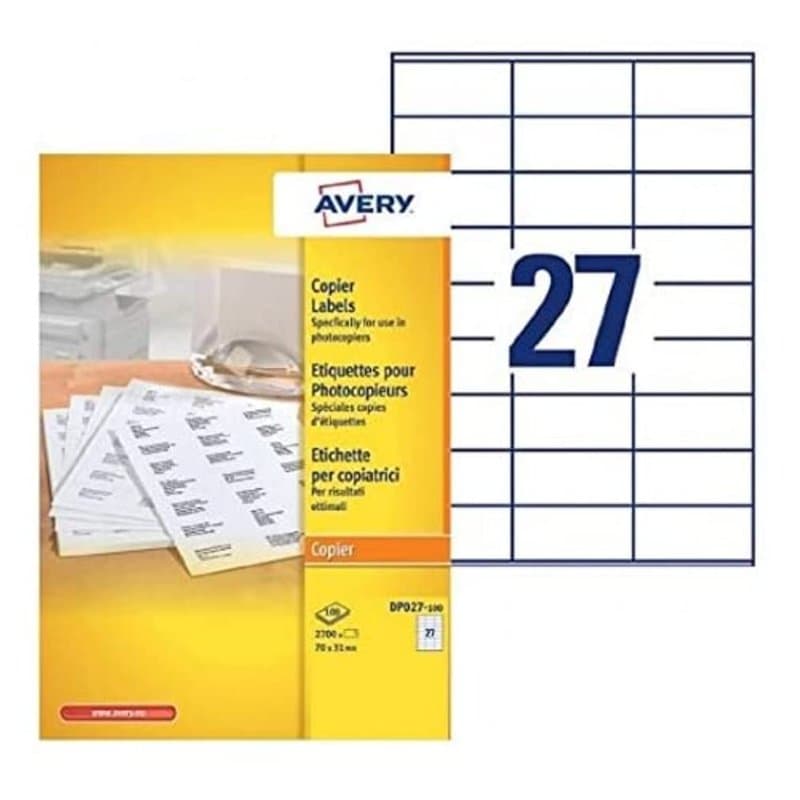 AVERY - Boite de 2700 étiquettes autocollantes multi-usages, Format 70 x 31 mm, Impression copieur, (DP027-100)