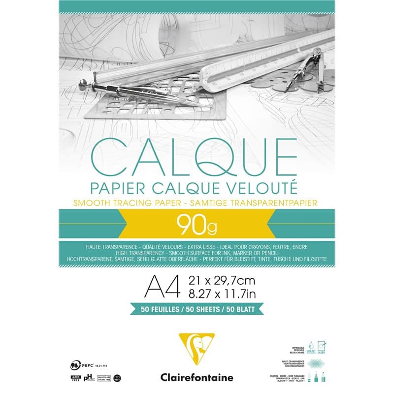 Clairefontaine 97133C Bloc Collé Papier Calque - 50 Feuilles Papier Calque Hautement Transparent - A4 21x29,7 cm 90/95g - Idéal