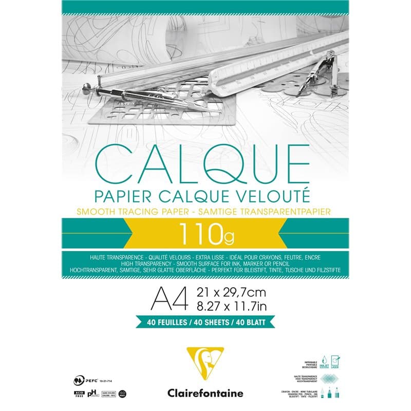 Clairefontaine 975106C Bloc Collé Papier Calque - 40 Feuilles Papier Calque Hautement Transparent - A4 21x29,7 cm 110g - Idéal p