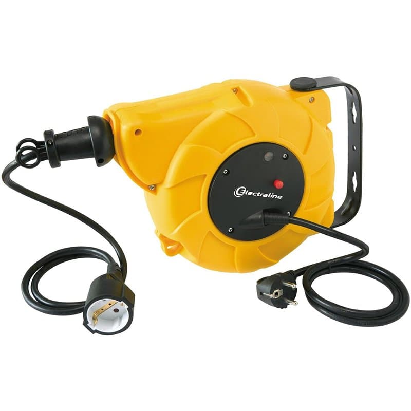 Electraline 100237 Enrouleur de câble Ressort 15M (13+2), avec support de fixation mural, rallonge électrique avec système d'enr