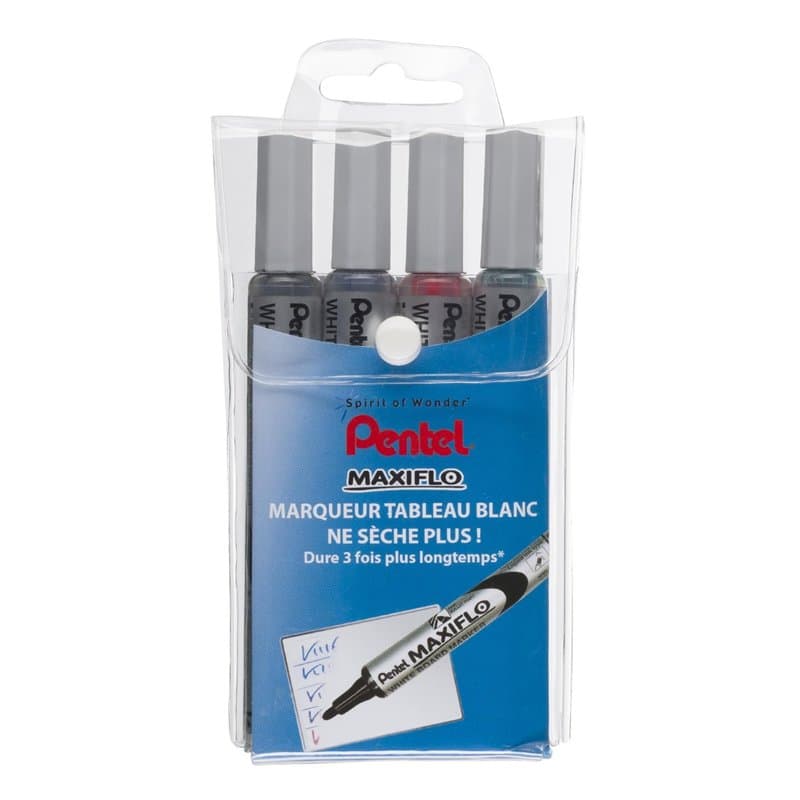 Pentel Maxiflo Pochette 4 Marqueurs tableau blanc Pointe conique moyenne Encre Noir, Bleu, Vert, Rouge