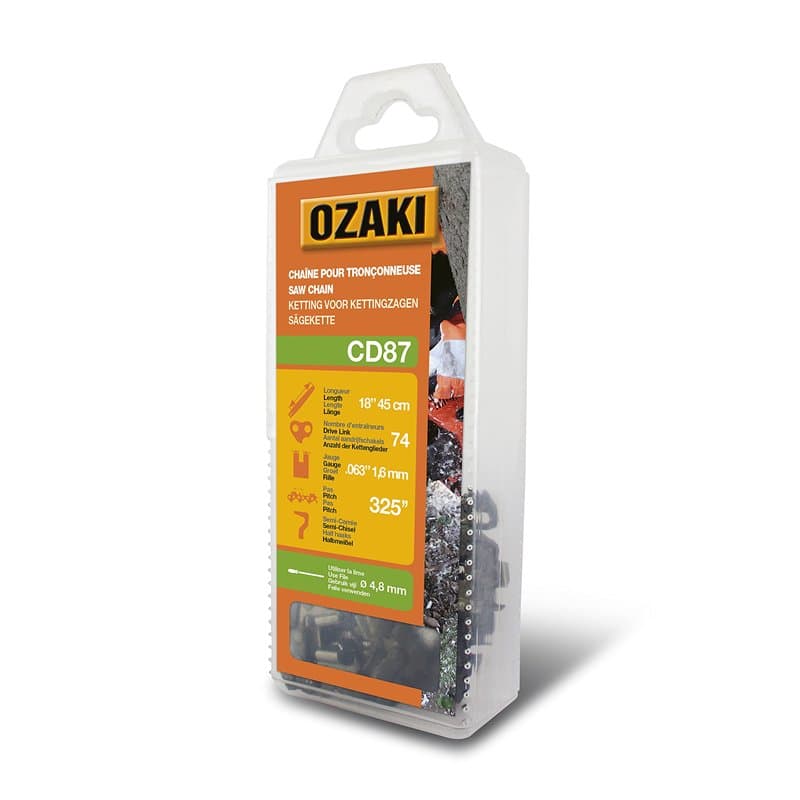 OZAKI - Chaîne Tronçonneuse .325" - Jauge 1,6 mm (0,63") - Profil de Gouge Semi-Carré - 74 Entraîneurs