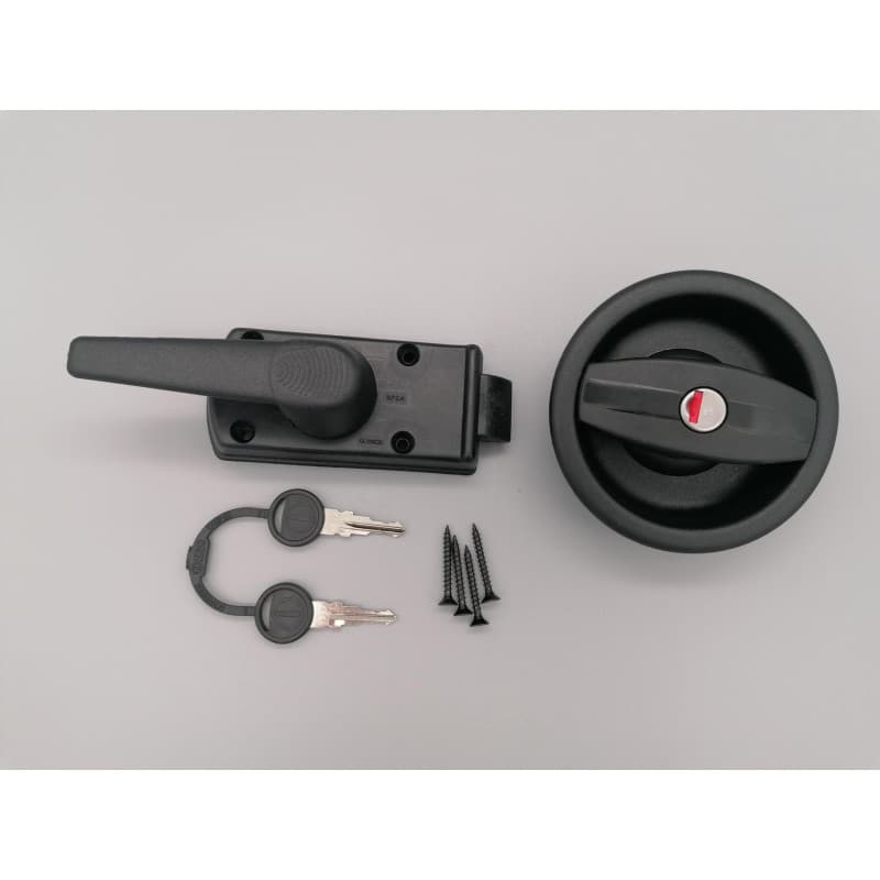 Serrure Noire à poignée pour Porte de Caravane avec Ouverture à Gauche + Barillet & clés