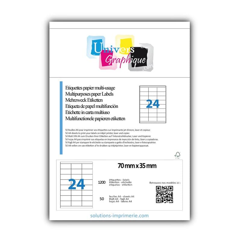 1200 etiquettes 70 x 35 mm - 50 feuilles A4-24 étiquettes autocollante par par planche A4 pour imprimante jet d'encre et laser