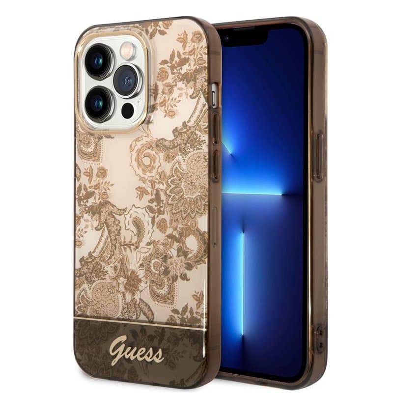 Guess GUHCP14XHGPLHC Coque Rigide pour iPhone 14 Pro Max 6, 7" Ochre Porcelain Collection Noir