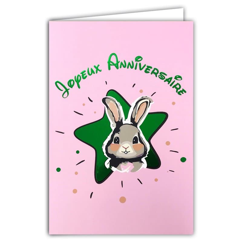 69-9029 Carte Joyeux ANNIVERSAIRE Petit Lapin Mignon pour Enfant Fille Garçon +Enveloppe 12x17,5cm Étoile Verte Brillante Lapere