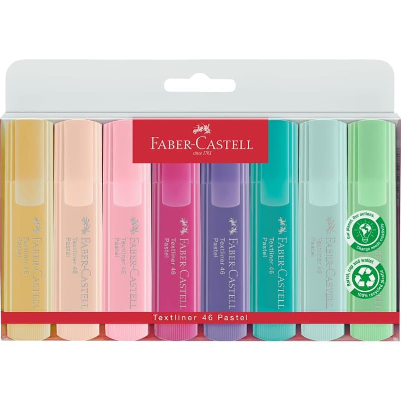 Faber-Castell 154681 - Set de surligneurs TL 1546, étui de 8 pièces, couleurs pastel, pointe biseautée longue durée, largeur de