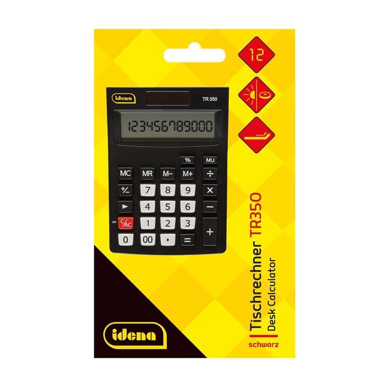 Idena 11095 - Calculatrice de bureau TR350, fonctionnant à l'énergie solaire, pile incluse, calculatrice de bureau en noir avec