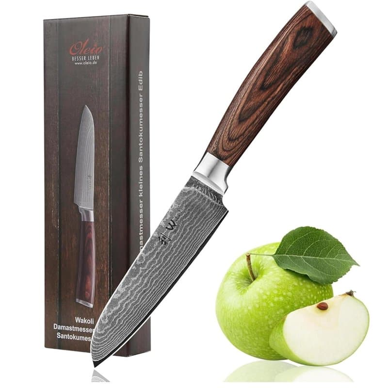 WAKOLI Edib Petit Couteau Santoku en Damas I Lame tranchante de 12 cm en acier damassé à 67 couches avec noyau VG10 et manche en