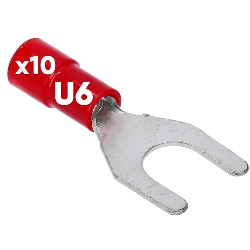 Kalitec GKSRU6 Lot de 10 cosses de câble à fourche 0,5-1,5 mm² I Rouge partiellement isolé I Col en PVC U6 I pour connecter des