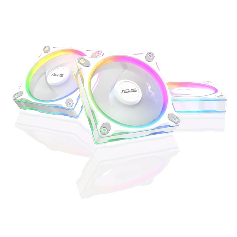 ASUS PRIME MR120 ARGB REVERSE (Blanc) – Lot de 3 ventilateurs de boîtier 3 en 1 (120mm PWM, 20 ARGB LED, vitesse 1600 tr/min, dé