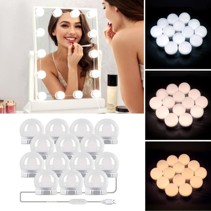 3 Couleurs Lumières de Miroir, 14 Ampoules Hollywood Dimmable LED Mirror Light Kit, 10 Niveaux de Luminosité Miroir Lumineux de