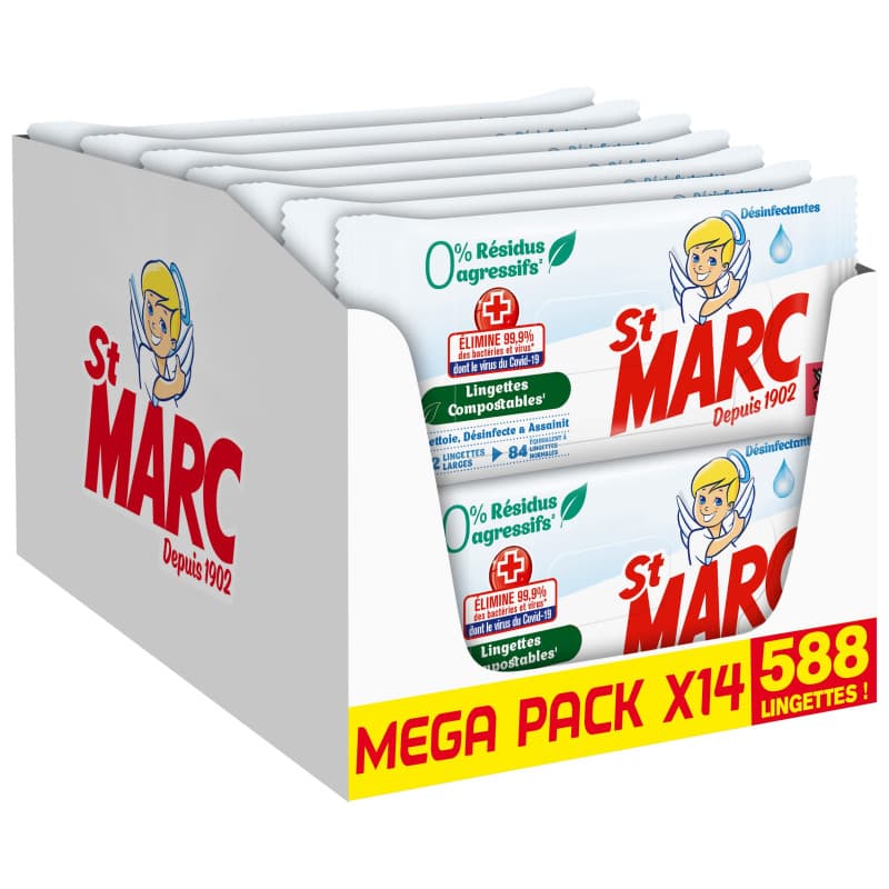 St Marc Lingette nettoyante Désinfectante 0% Résidus Agressifs, Compostable - 42 lingettes antibactérien larges en Lot de 14 (To