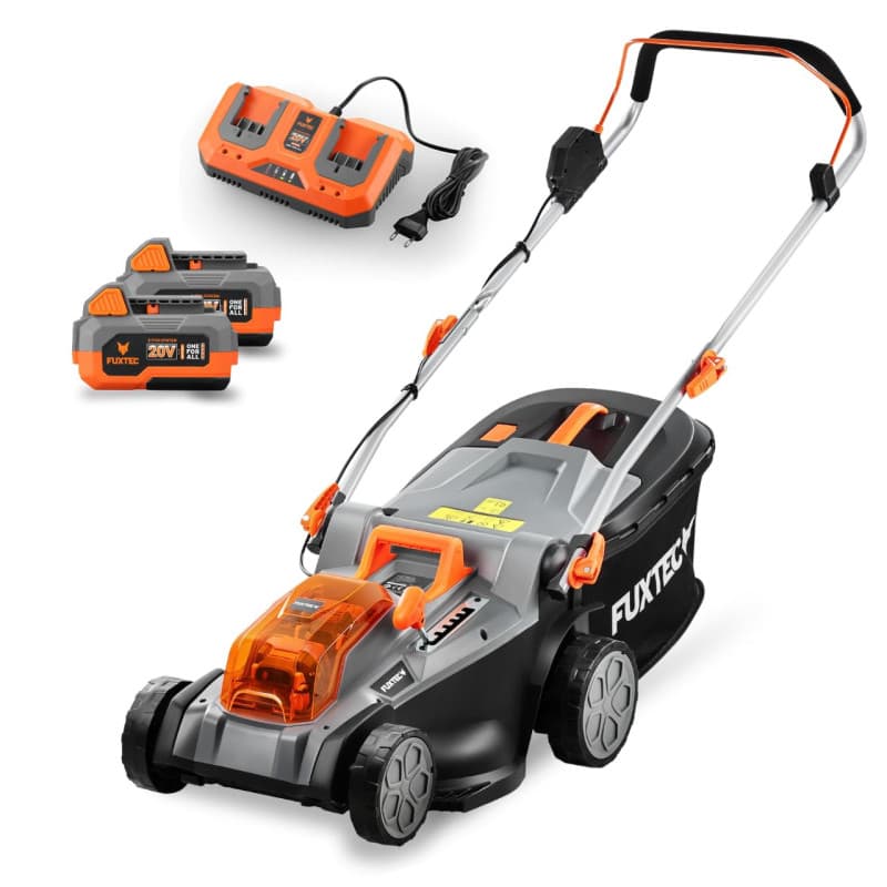Fuxtec Tondeuse à Gazon sans Fil 40V (2x20V) E2RM43 Set Batteries et Chargeur - Largeur De Coupe 43cm, 40L, Hauteur De Coupe Var