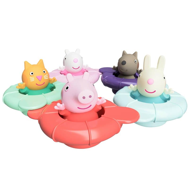 Tomy Toomies Pool Party de Peppa - 5 bouées à Anneau Flottant avec 5 Figurines Peppa Pig et Ses Amis - Jouets sensoriels pour bé