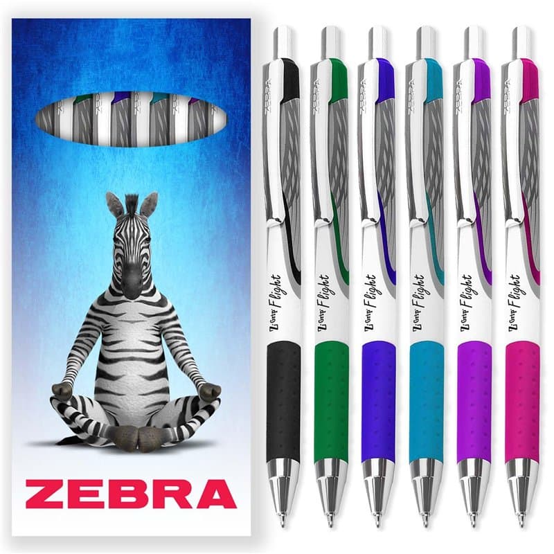 Zebra Classic Z-Grip Flight Stylos à bille – 1,2 mm – Noir, vert, bleu, bleu clair, violet et rose – Lot de 6 – Dans un coffret