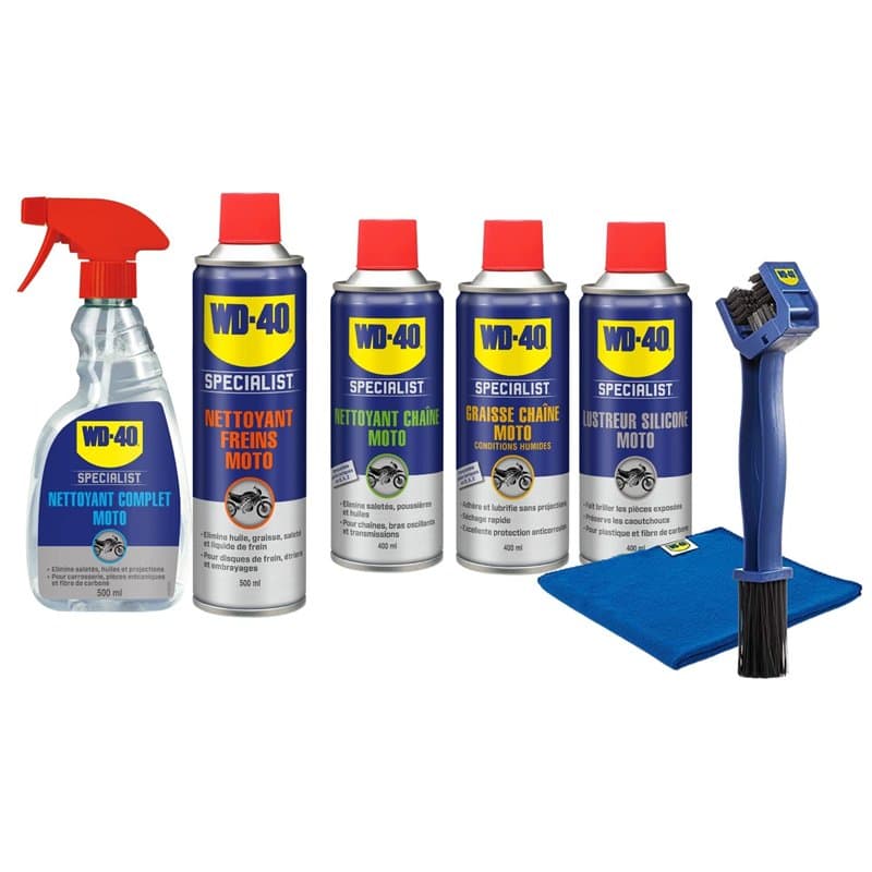 WD-40 Specialist • Kit d'entretien moto complet • Nettoyer, Lubrifier et faire briller la moto • Brosse et chiffon inclus