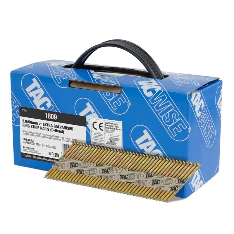 Tacwise 1809 Clous de Charpente Extra Galvanisés 2,8/50 mm, Tête en "D", Tige Annulaire, Inclinés à 34°, Assemblé en Papier, Lot