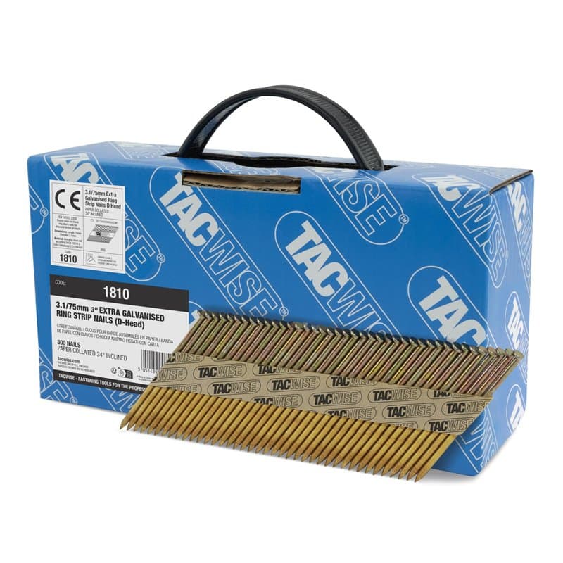 Tacwise 1810 Clous de Charpente Extra Galvanisés 3,1/75 mm, Tête en "D", Tige Annulaire, Inclinés à 34°, Assemblé en Papier, Lot