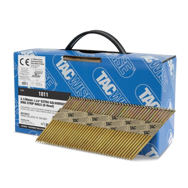 Tacwise 1811 Clous de Charpente Extra Galvanisés 3,1/90 mm, Tête en "D", Tige Annulaire, Inclinés à 34°, Assemblé en Papier, Lot