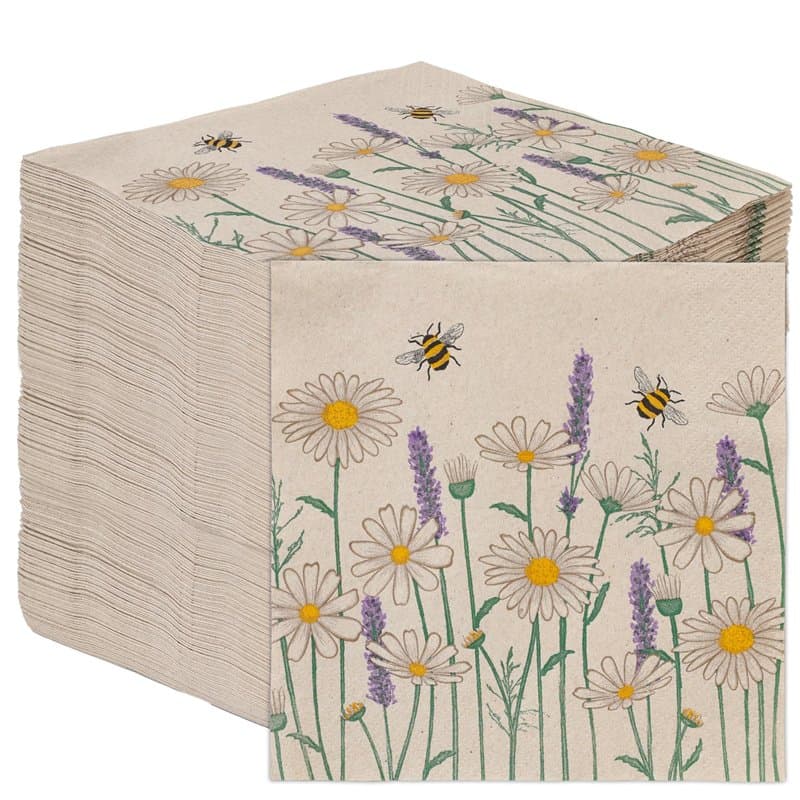 Table Kind 100 x Serviettes en papier souples en vrac, motif marguerites, fleurs, abeilles, jetables, pour fête, mariage, quotid