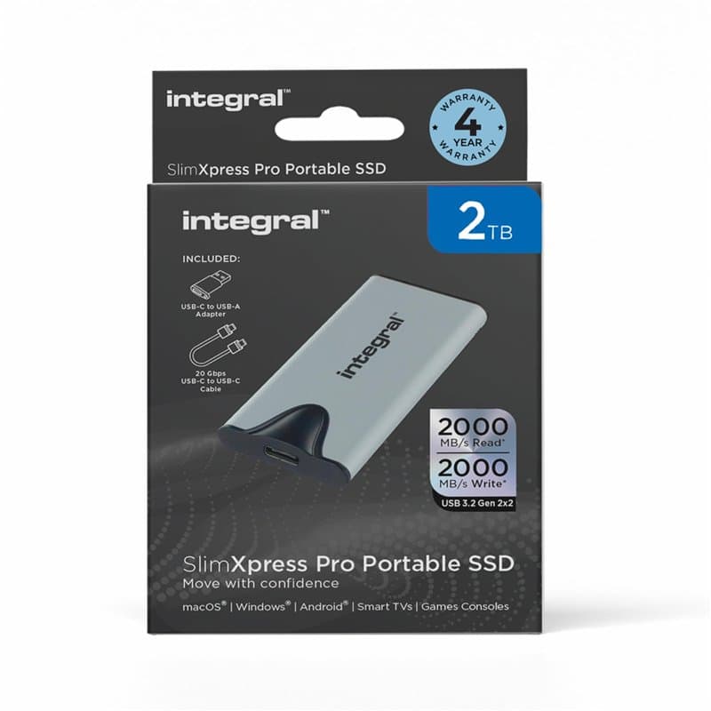 Integral SlimXpress Pro 2 to Disque Dur Externe SSD Portable : USB-C, 2000 Mo/s Lecture/Écriture, USB 3.2 Gen 2x2, Design Compac