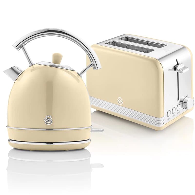 Swan Retro Ensemble Petit-Déjeuner, Bouilloire 1,8L avec Élément Chauffant en Acier Inox, Grille-pain à Fente Large 2 Tranches,