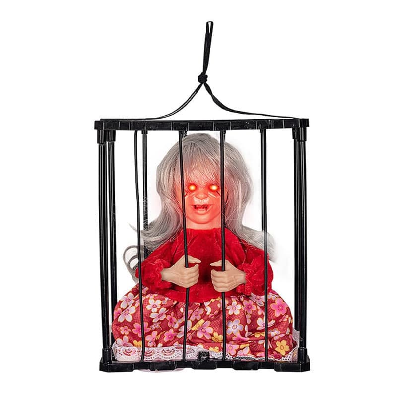 TRIXES Poupée d'halloween effrayante en Cage, Accessoire de Maison hantée avec Voix hurlante, créature de Cauchemar