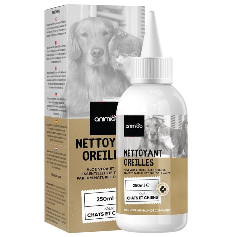 Nettoyant Oreille Chien & Chat - 250 ml, Formulé Avec Huiles Essentielles d'Arbre À Thé, Lavande, Aloe Vera, Glycérine - Soins d