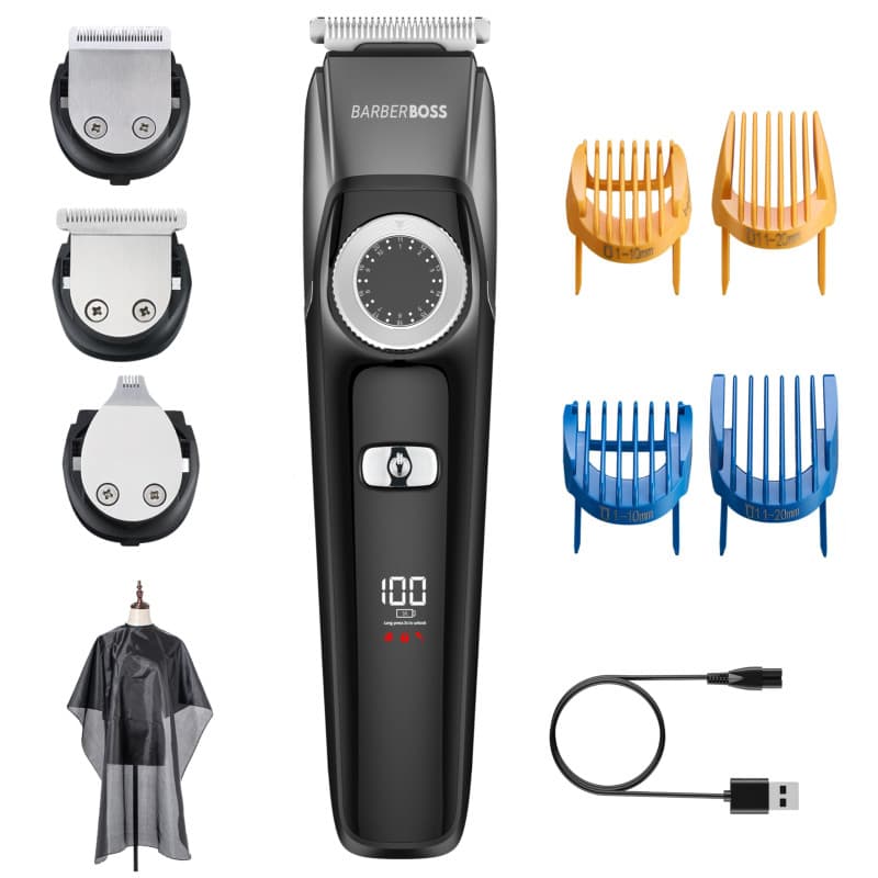 BarberBoss Kit de toilettage visage 3-en-1 pour homme : Tondeuse à cheveux, à barbe et de précision avec molette de précision, 4