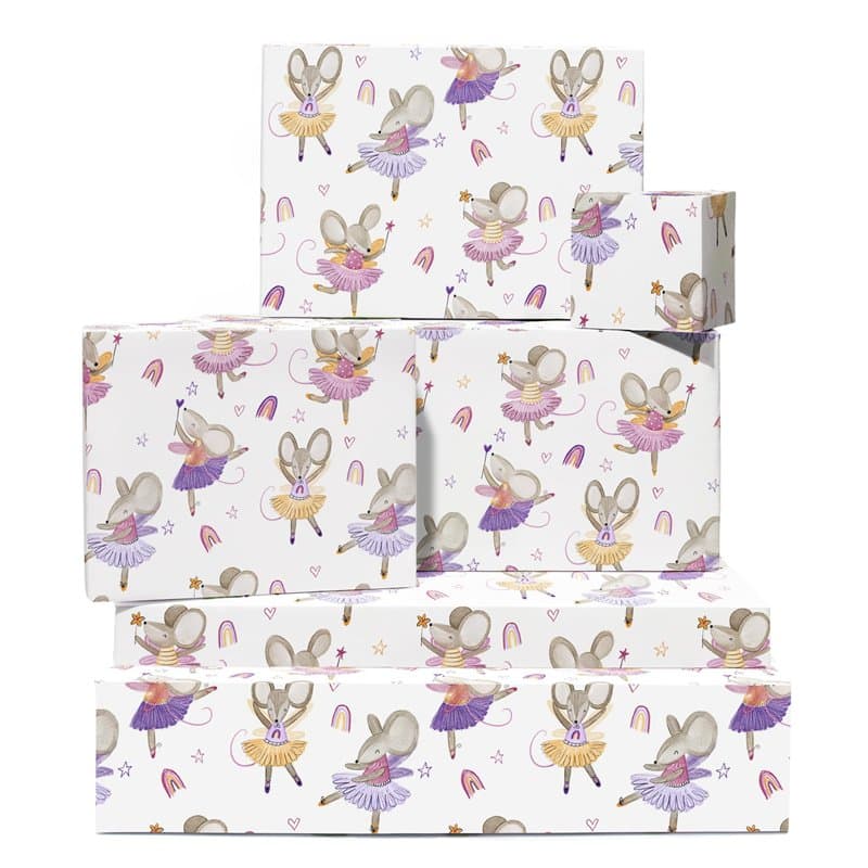 Papier cadeau souris – 6 feuilles de papier cadeau pour elle – Souris ballerine – Motif cœur arc-en-ciel – Papier cadeau blanc –