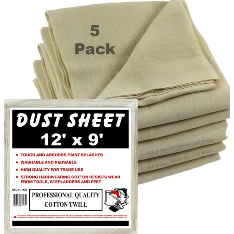 LOT DE 5 DRAPS DE PROTECTION ANTI-POUSSIèRE DE QUALITé PROFESSIONNELLE, 100 % COTON SERGé Taille de chaque drap : 3,7 x 2,7 m. L